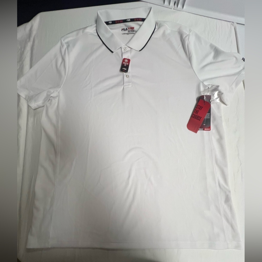 FILA WHITE POLO SHIRT ATHLETIC FIT SIZE XXL NEW WHITE W/BLACK TRIM COLLAR NWT